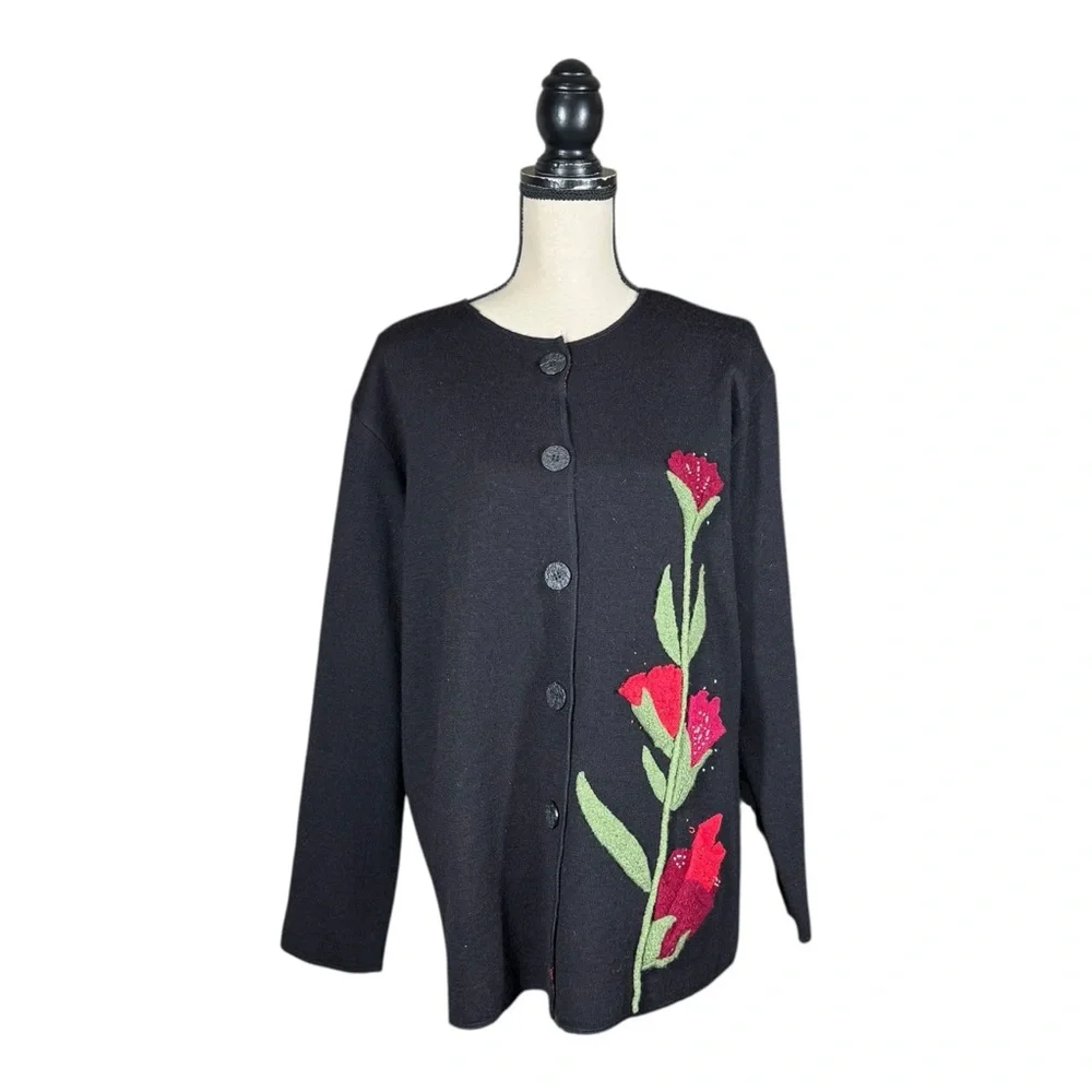 Susan Bristol Wool Hand Embroidered Floral Sweater Cardigan Cottagecore